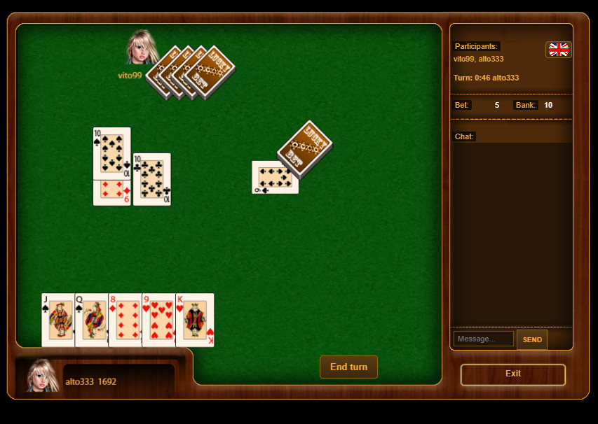Multiplayer "Podkidnoy Durak" (Throw-in Fool) game with real-money betting