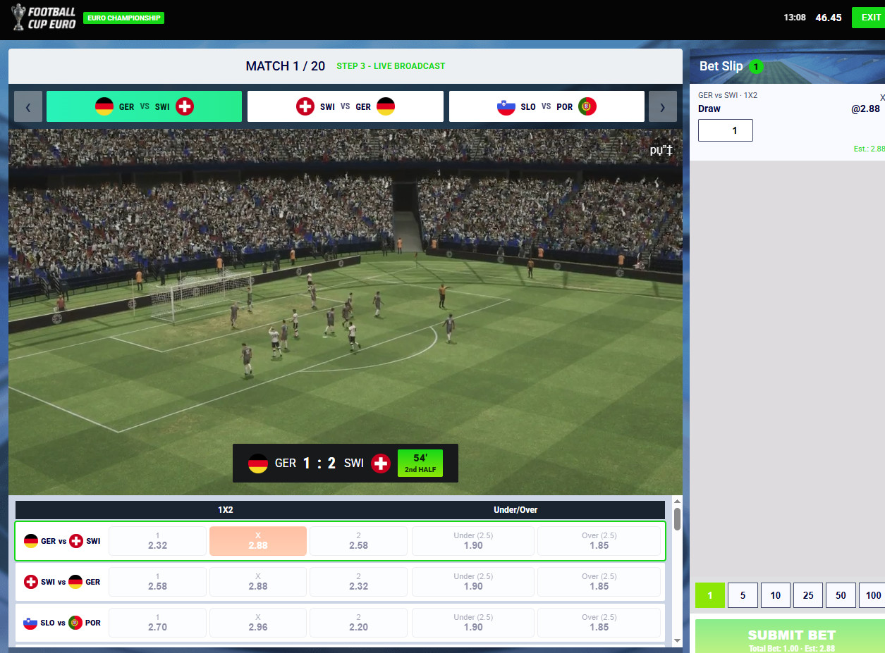 Gioco di scommesse sugli Europei di sport virtuali.