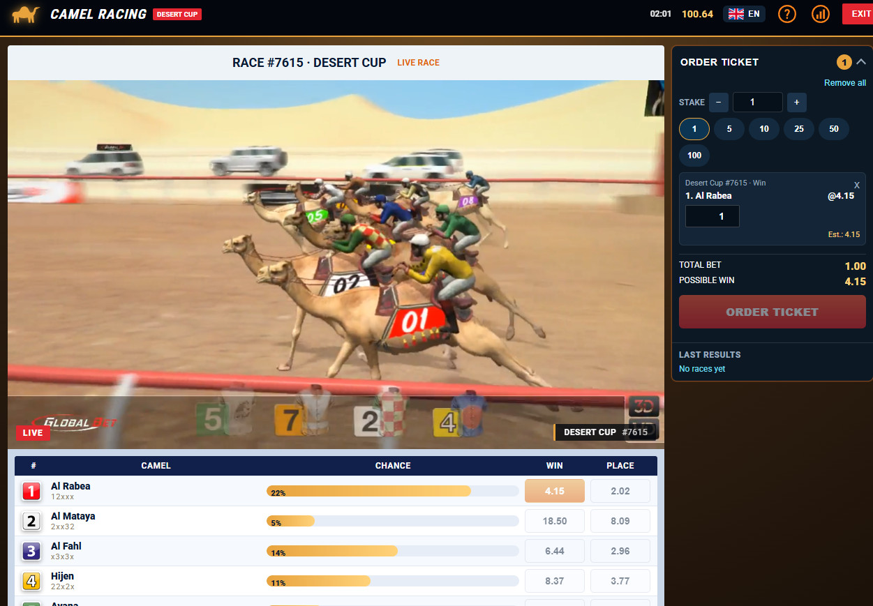 Camel racing virtual sports with real-money betting.