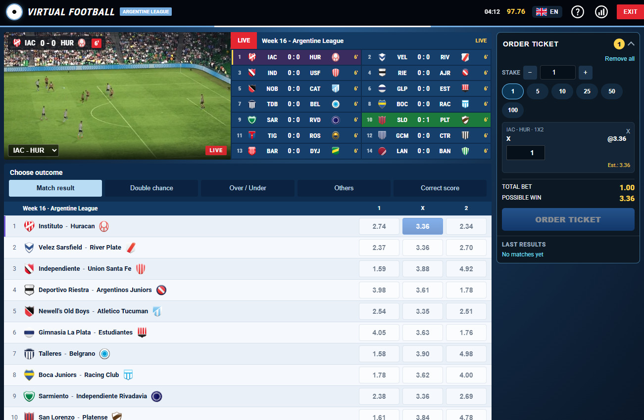 Argentine football league, real matches, and virtual sports with real-money betting