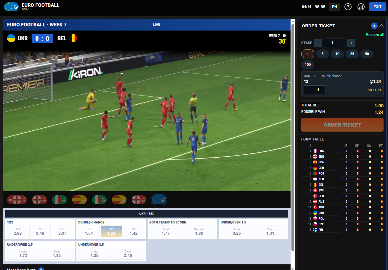European Championship plus the Spanish, Italian, and English leagues—virtual sports with real-money betting.