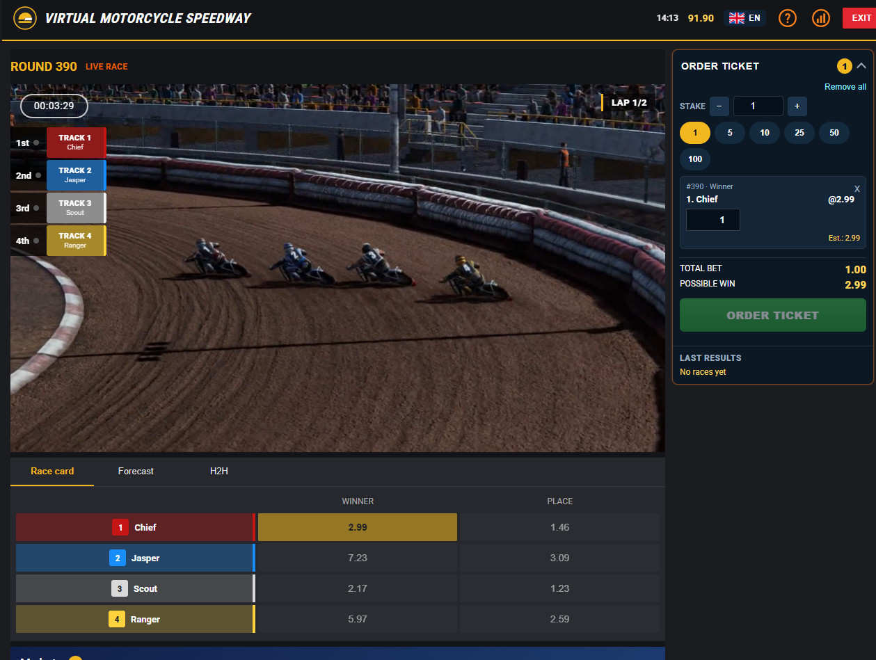 Virtual motorcycle racing for real-money betting.